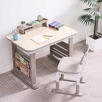 Height Adjustable Kids Desk & Chair Set 3-12Y, Graffiti Art Table w/ Bookshelf Storage, Safe Ergonomic Study Furniture Grey