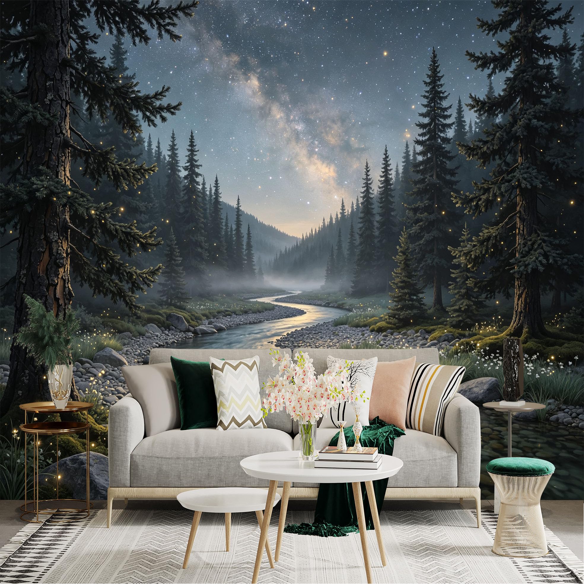 Lnzczhyre Bh260719209 Custom Size Wall Sticker Mural， Milky Way Over Flowing River， Misty Evergreen Forest Landscape， Night Nature Scenery， For Wall Decoration， Peelandstick Wall Decals.