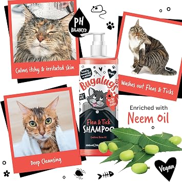 Flea and Tick Cat Shampoo by Bugalugs 500ml, Deep Cleansing for Cats for Fleas, Ticks & Mites contains Neem Oil, PH Balanced Vegan (500ml Flea Shampoo)