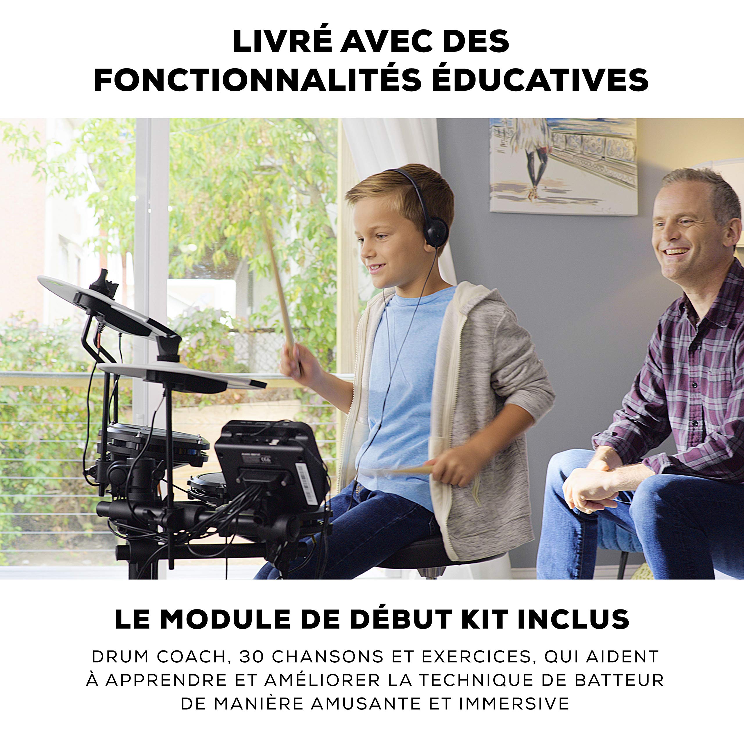 Alesis Debut Kit – Kit de batterie électronique pour enfant avec 4 pads en peau maillée, 120 sons, 100 leçons avec siège, baguettes, clé et casque