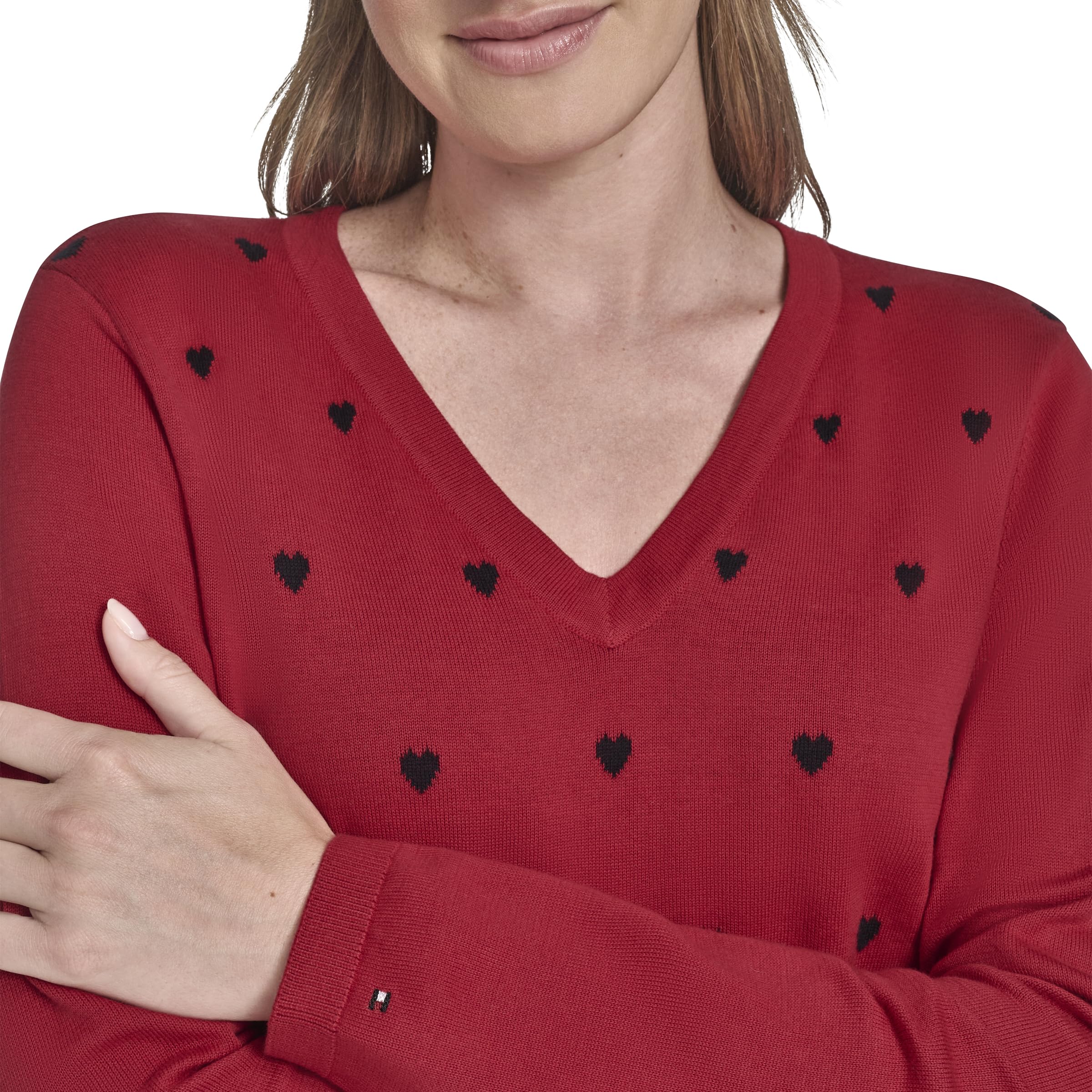 Tommy Hilfiger Damen V-Neck Long Sleeve Cotton Heart Print Sweater Pullover (1er Pack)