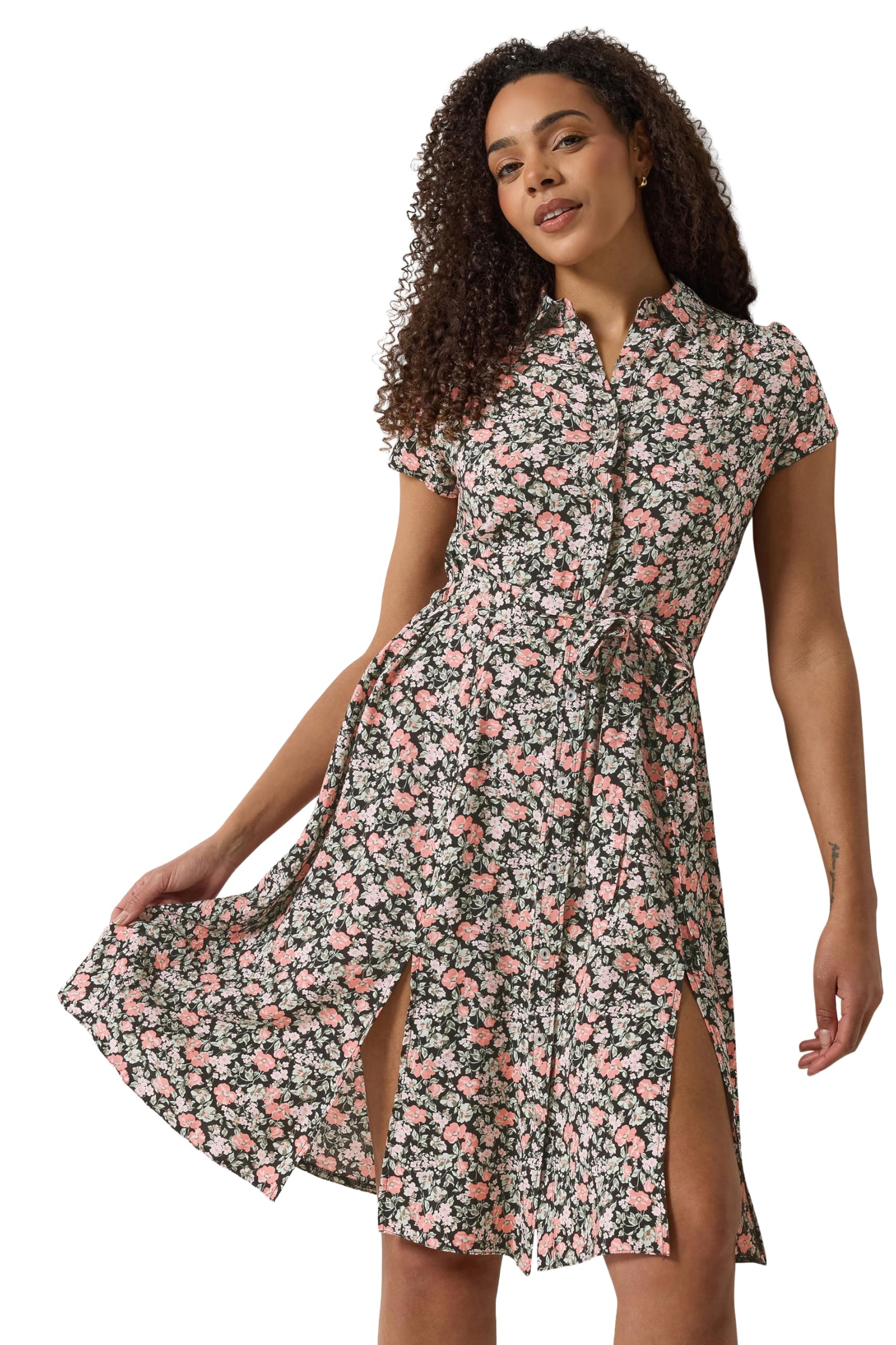 M&Co & Pink Floral Tie Waist Shirt Dress - Women's