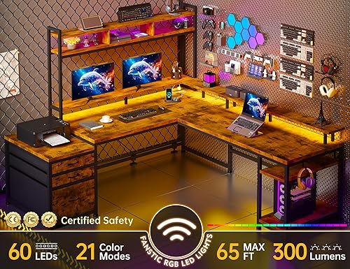 Miniatura 7 de EnHomee Escritorio en Forma de L de 64 x 60 Pulgadas con Estante Superior y Cajones, Escritorio para Juegos con Toma de Corriente, Escritorio de