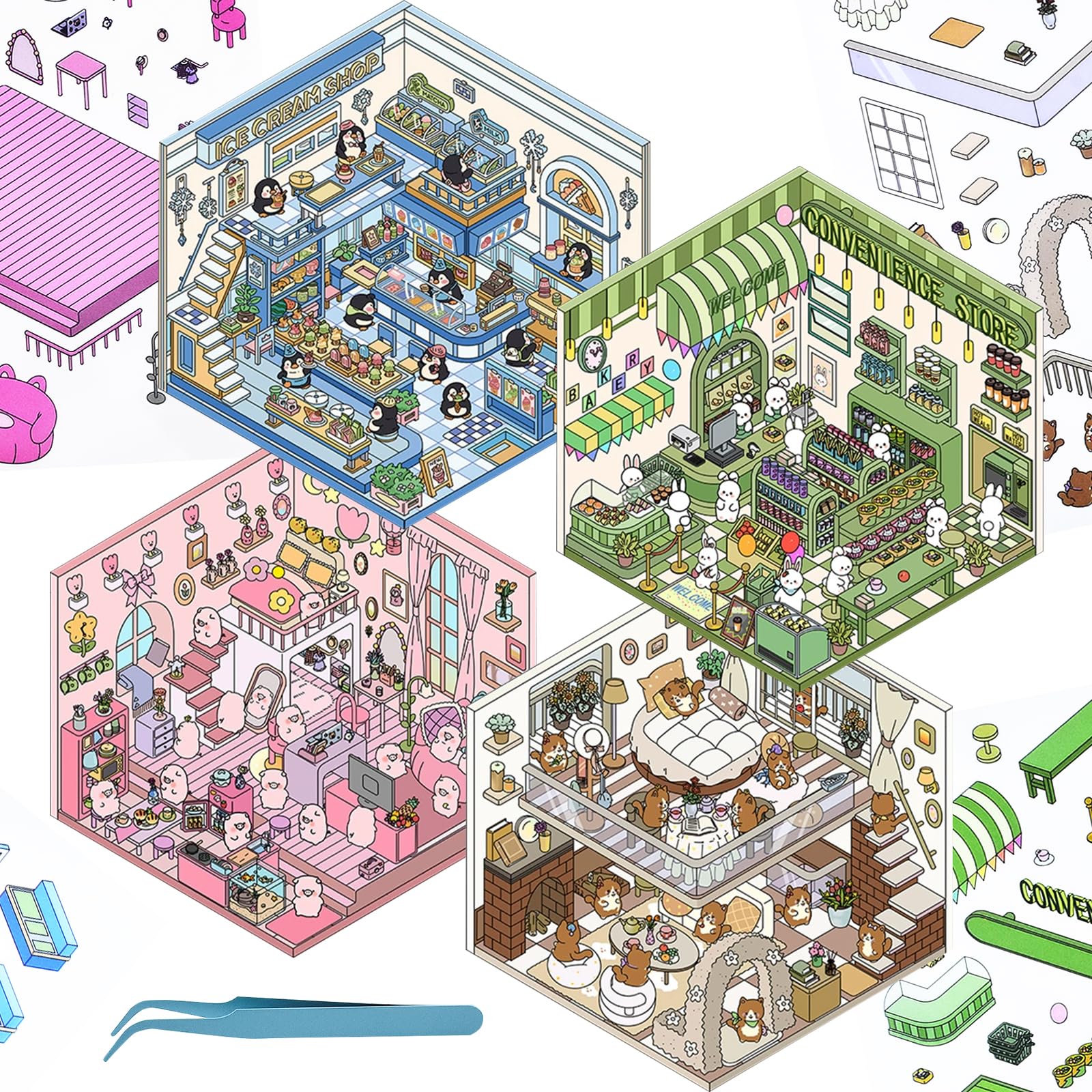4 Sets 3D Fun Mini House Scenes Stickers with Tweezers Make Your Own Ice Cream Shop Duplex Room Micro Stickers Scenes Cute Animals DIY Craft Stickers for Relief Stress Pass The Time