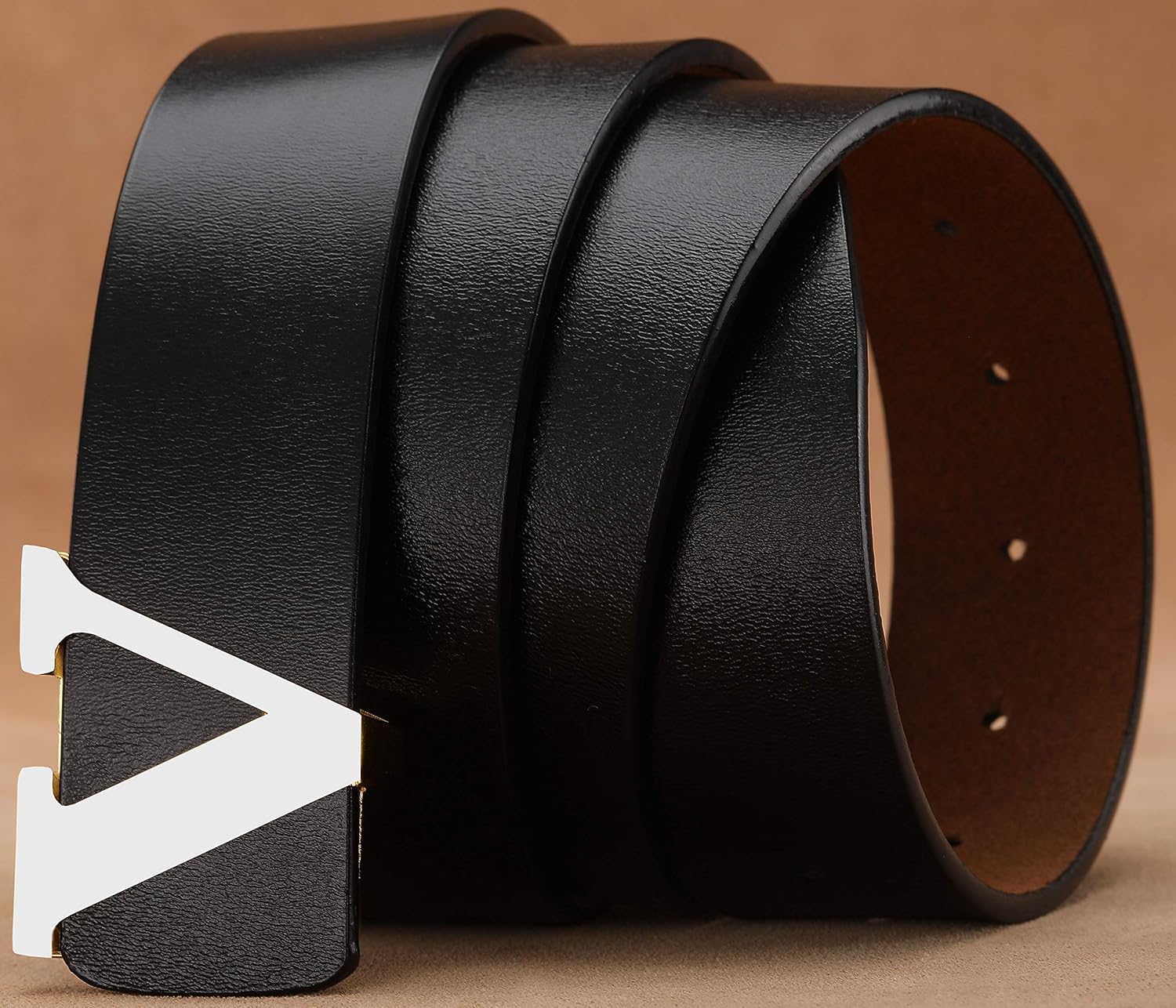 Men's Classic Gold/Silver V-Buckle Design Soft Calfskin Belt - Image 3