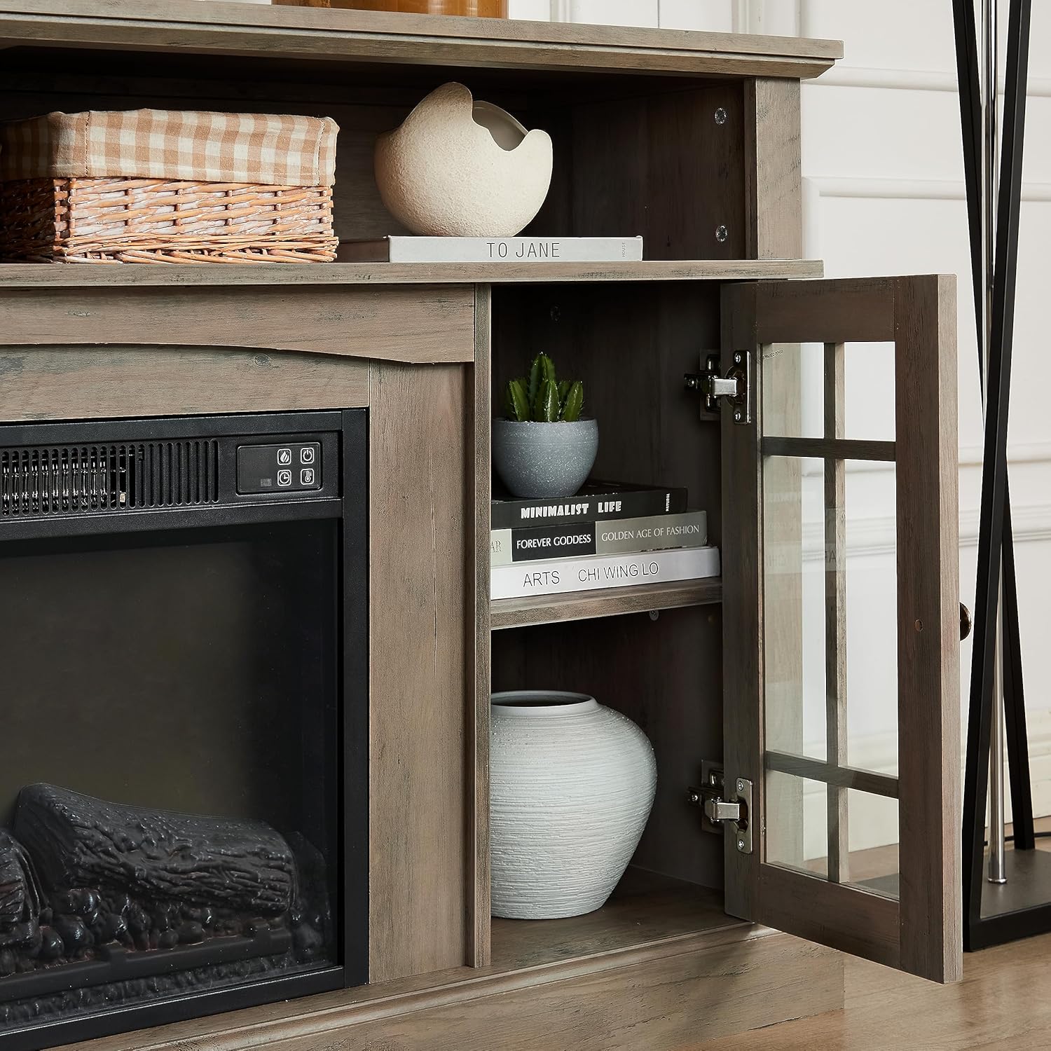 Farmhouse Fireplace TV Stand TV Cabinet TV Console with 23" Electric Fireplace Insert for 50-65 Inch TV, 58'' Entertainment Center with Door Storage Cabinet for Living Room (Gray, with Fireplace)