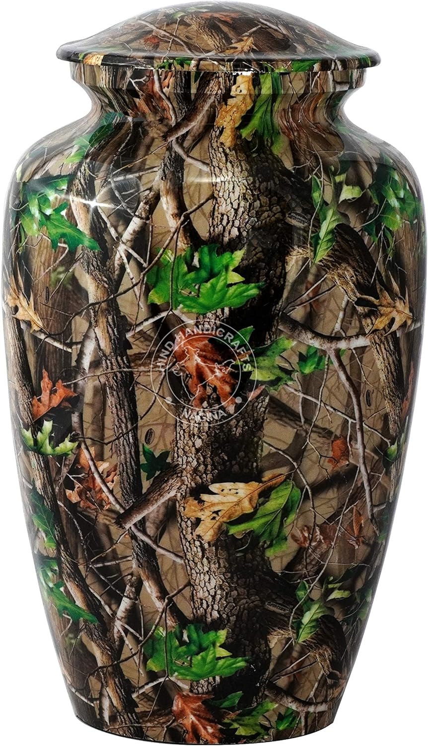 Aluminium Cremation Urn for Human Ashes Adult - Handcrafted Funeral Memorial Ash Storage Urn - Affordable Urn - Bag Included (Large - 200 Cubic Inches or lb, Fall Leaves-2)