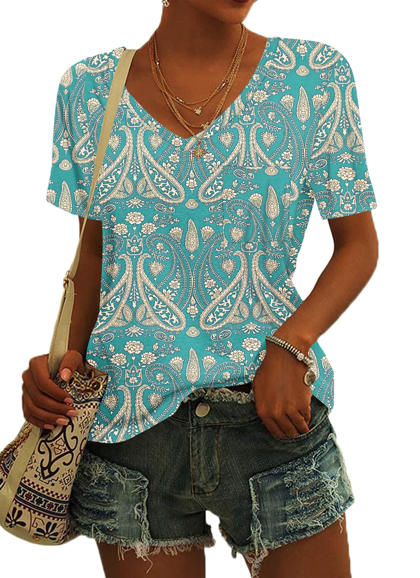 MOLERANI Women's T-Shirts, Short-Sleeve V-Neck, Loose Summer T-Shirts, Basic Tunic Tops with Pocket