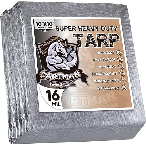 CARTMAN Finished Size 10x10 Feet Extra Thick 16 Mil Ultra Heavy Duty Poly Tarp, Multipurpose Protective Cover, UV Resistant, Waterproof Poly Tarpaulin with Reinforced Edges