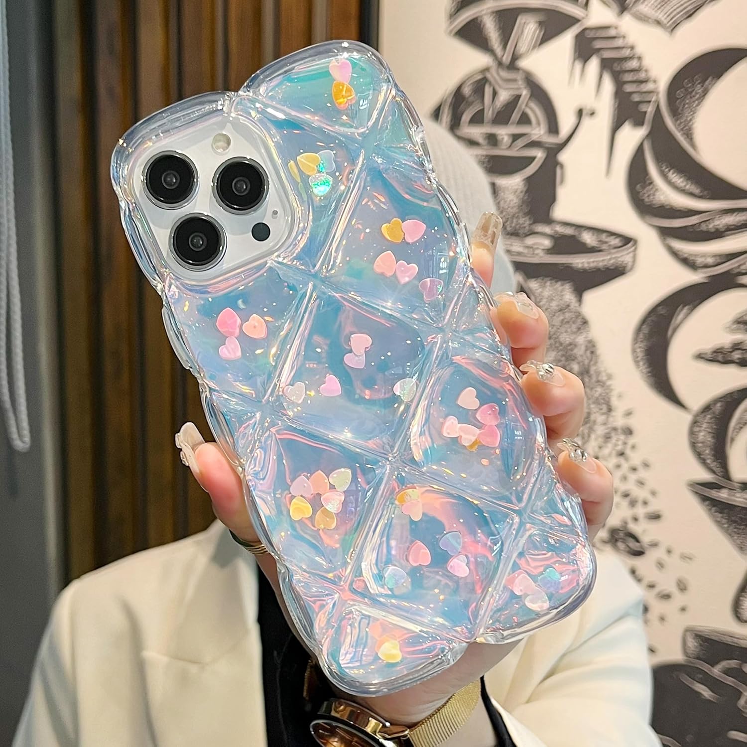 Qokey Compatible with iPhone 16 Pro Max Case 6.9",Cute Laser Gradual Bling Love Heart Glitter Clear+Translucent Card Soft Wave Frame Anti-Falling 3D Thick Shockproof Phone Cover(for 16 Pro Max 6.9") - Image 6