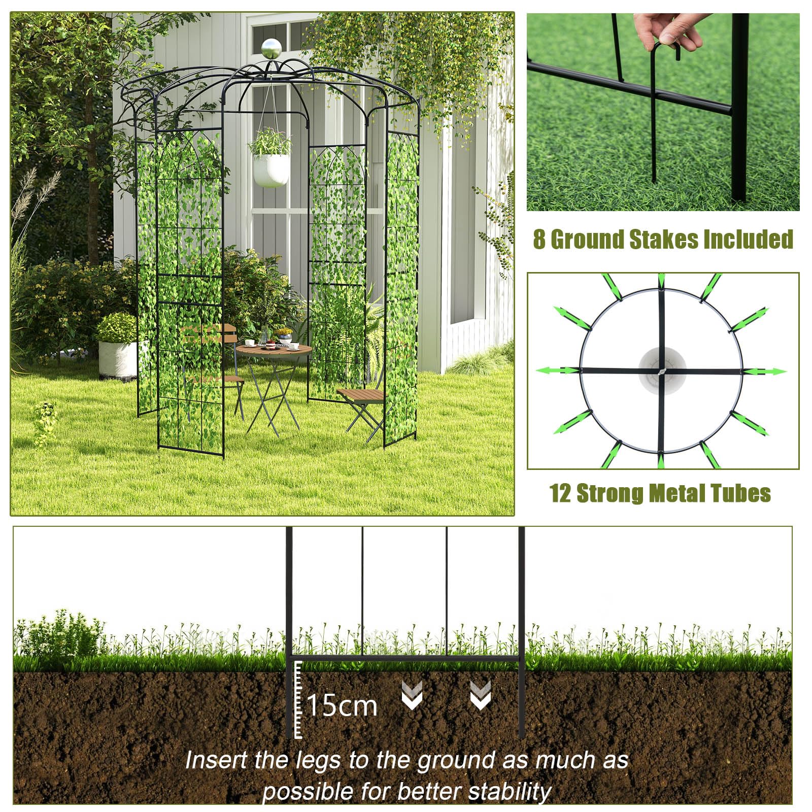 HOMASIS Pergolato da Giardino a Forma di Gabbia per Uccelli, Arco da Giardino in Metallo, Traliccio con Tettoia e 4 Lati per Piante Rampicanti, Pergola da Giardino per Matrimoni, Nero (198 x 284 cm)