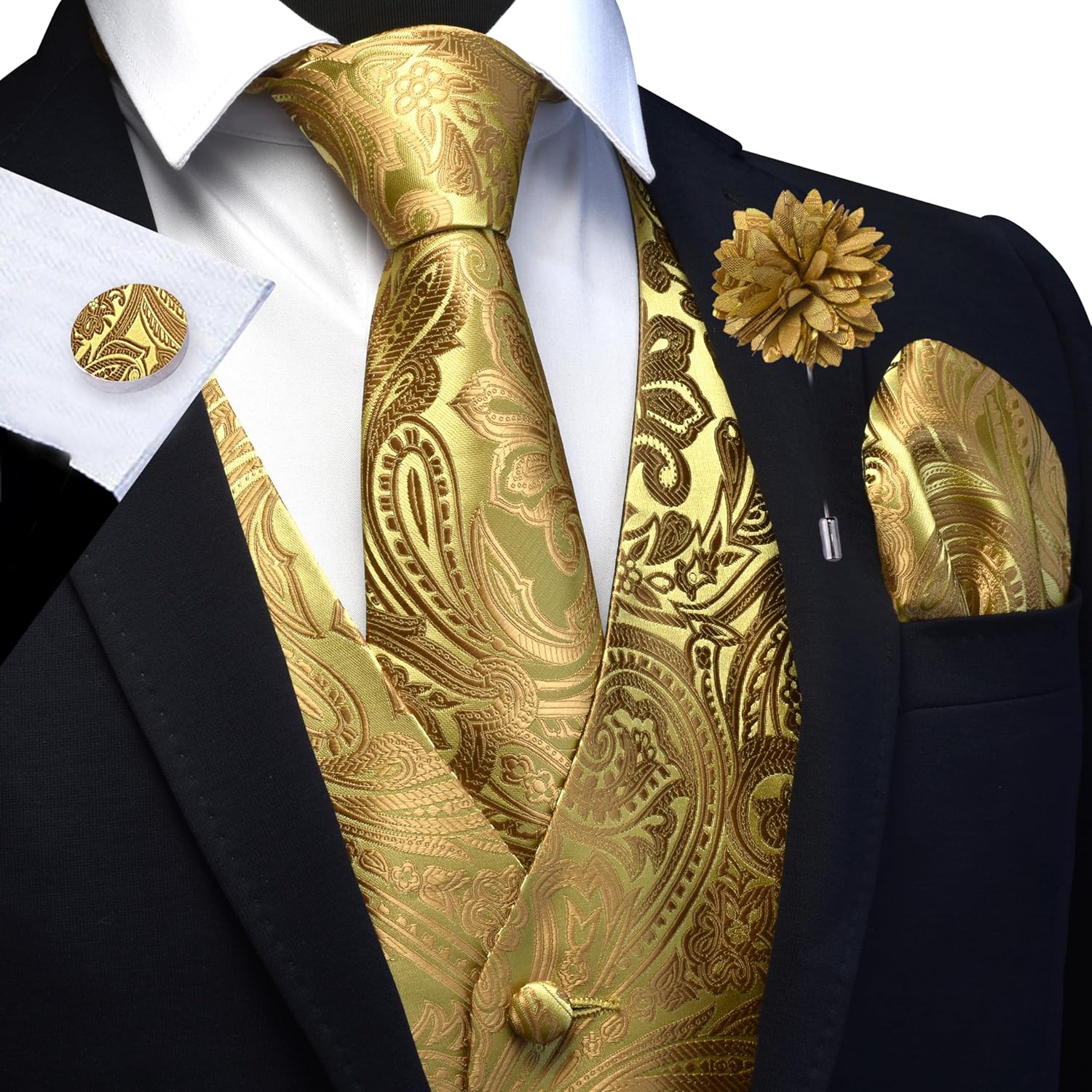 GUSLESON Men's V-Neck Suit Vests Formal Men Vest Paisley Jacquard Tie Waistcoat Bow tie Hanky Set Wedding 7PCS - Image 2