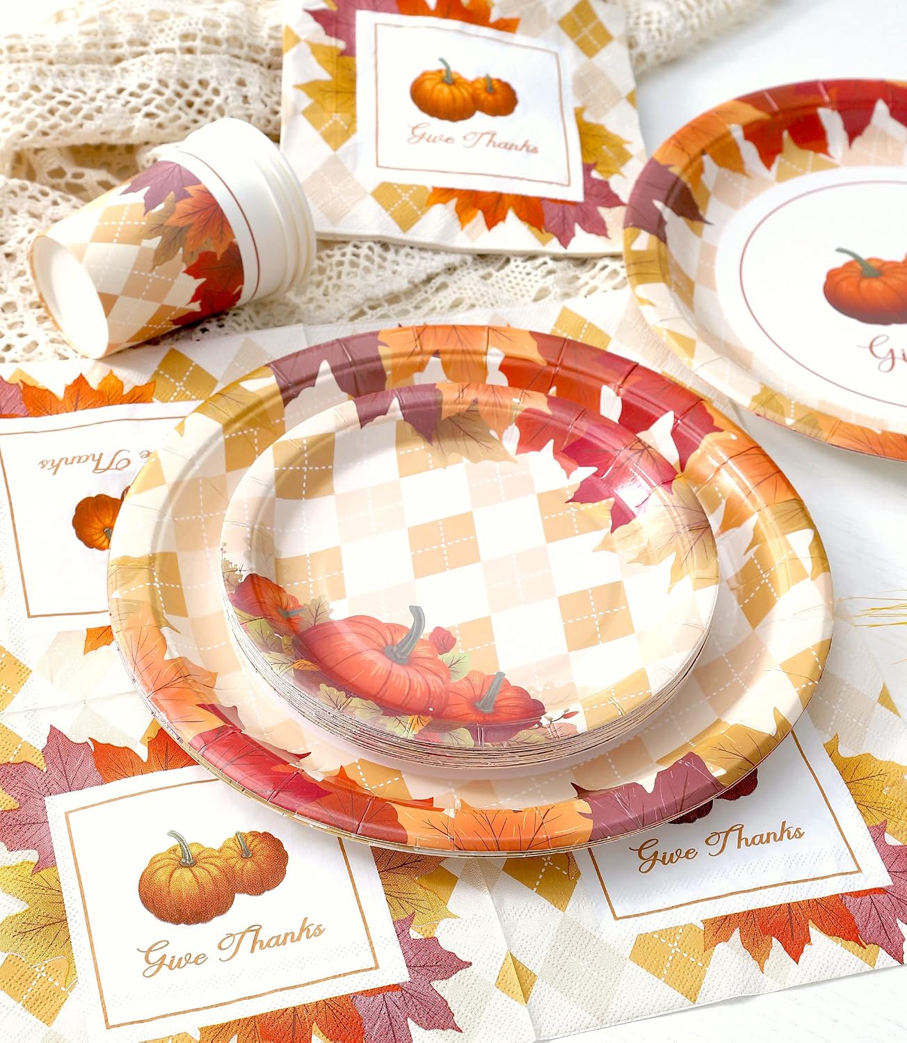 Large Thanksgiving Plates and Napkins Sets - Serves 16 - Includes 10 Inches Thanksgiving Paper Plates and 7 Inches Dessert Plates Cups Dinnerware for Thanksgiving Decorations Décor Table