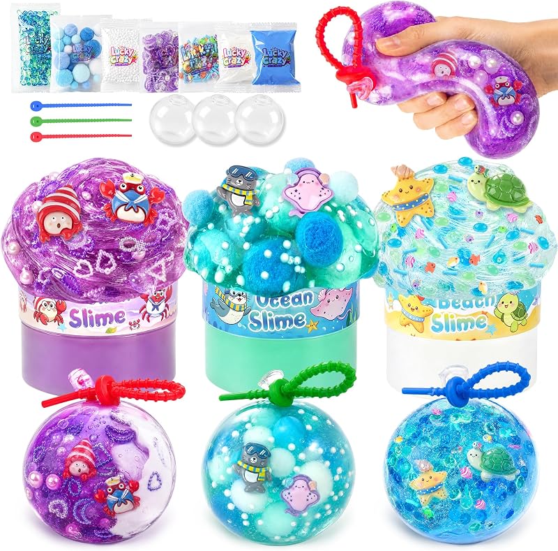 Stress Ball Making Kit, 3 Pack Ocean Crunchy Slime Kit for Kids | Clear Slime with 3 TPR Skins & Add-ins for DIY Slime Stress Balls, Non-Sticky Scented Slime, Party Favors Birthday Gift