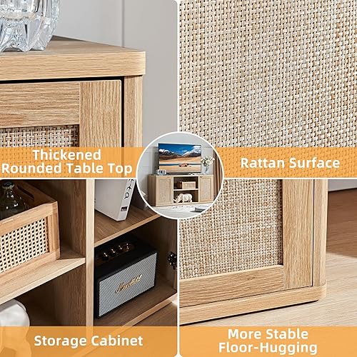 Miniatura 5 de LEYAOYAO Soportes de TV de ratán para sala de estar, gabinete de TV bohemio con almacenamiento y estante abierto, centro de entretenimiento de