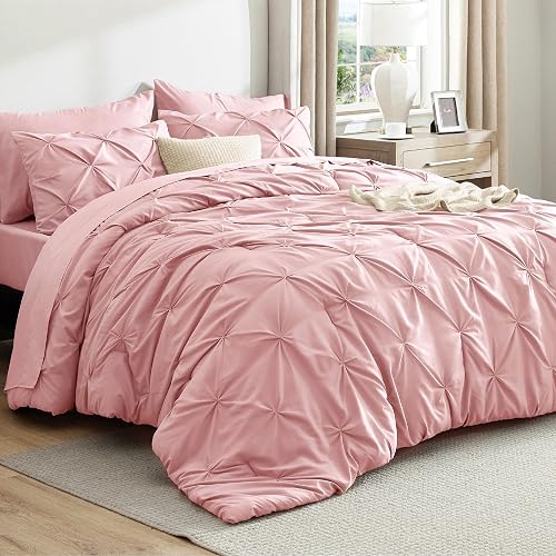 Bedsure Twin Comforter Set Pink for Girls - 5 Pieces Bed Set, All Season Down Alternative Comforter with Sheets, Pillowcase & Sham, GentleSoft™ Pintuck Twin Bedding Gift for College Dorm