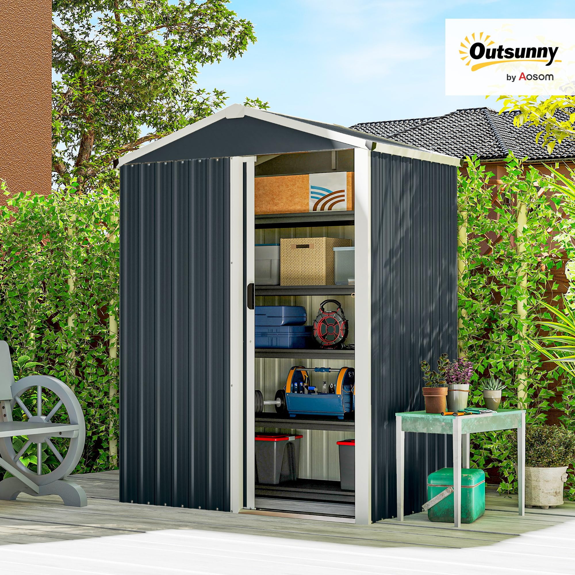 Outsunny Caseta de Jardín Exterior 1,1 m², 136x87x179 cm, Cobertizo de Jardín Exterior Metálico con Puerta Corredera, Techo Inclinado y Guantes, para Almacenaje de Herramientas, Gris Oscuro — view 2