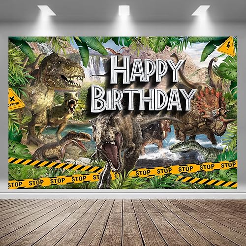 Telón de fondo con temática de dinosaurios de 7 x 5 pies, fondo de fotos de dinosaurio de feliz cumpleaños, decoraciones tropicales de selva,