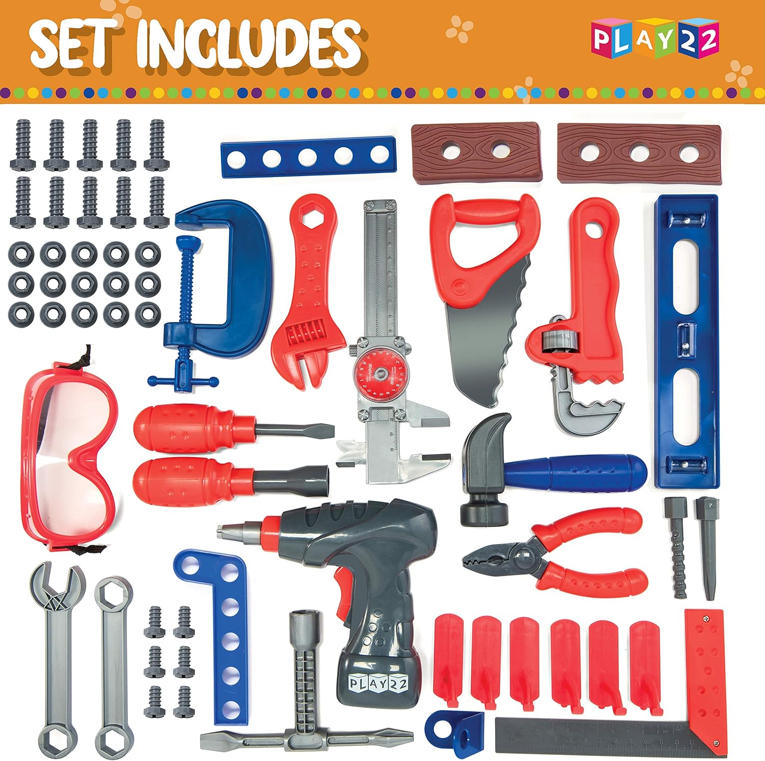 Play22 Kids Tool Workbench 76 Set - Kids Tool Set with Electronic Play Drill - STAM Educational Pretend Play Construction Workshop Tool Bench - Pretend Play Tool Set Build Your Own Kids Tool Box : Toys & Games