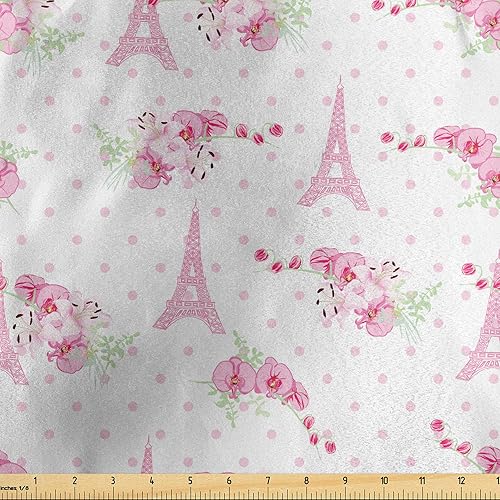 Ambesonne Eiffel Fabric by The Yard, Spring Inspiration Pink Flowers Bouquet and Paris Landmark on Polka Dots, Decorative Satin Fabric for Home Ambesonne Eiffel Fabric by The Yard, Spring Inspiration Pink Flowers Bouquet and Paris Landmark on Polka Dots, Decorative Satin Fabric for Home