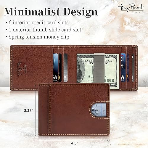 Miniatura 2 de Tony Perotti Cartera delgada de cuero italiano con clip para dinero, billetera RFID ultra delgada con ranuras para tarjetas de crédito, Marrón,