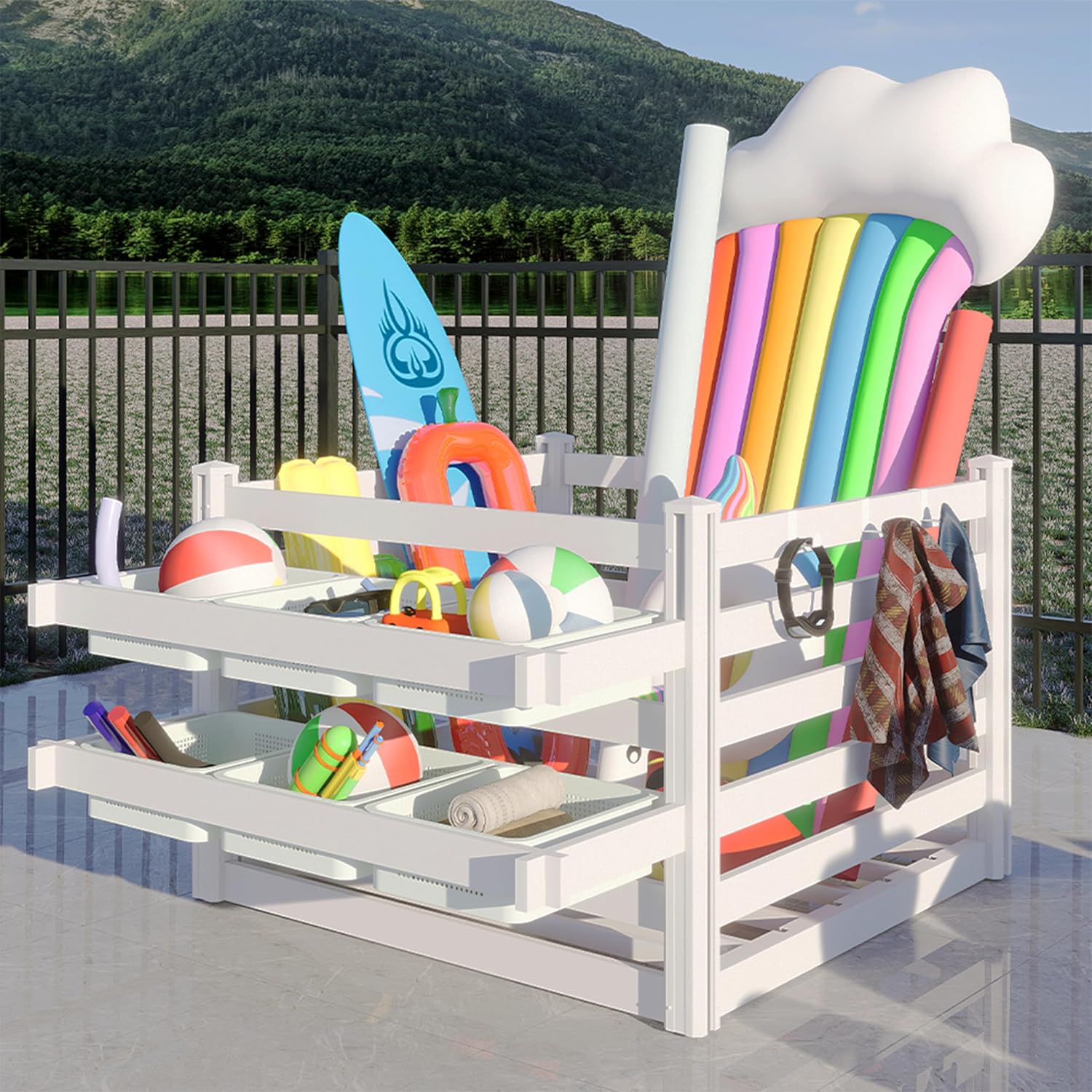 POSSIBLY MISSING PIECES 63" L x 46" W x 38" H Vinyl Poolside Deckbox Storage Organizer, Pool Storage Equipment Organizer Holder (Baskets need to be purchased separately)