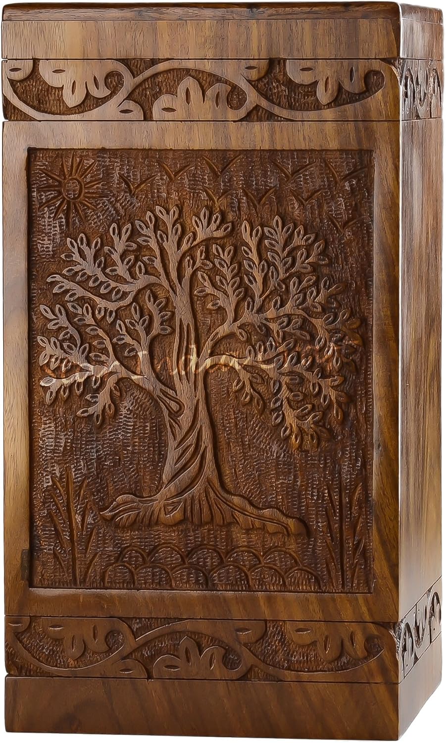 STAR INDIA CRAFT Rosewood Urn for Human Ashes Adult,Tree of Life Wooden Urns for Ashes, Cremation Pet Urns for Dogs Ashes, Wooden Box, Funeral Urn Box (Tower Tree of Life, 150 Cu/in)