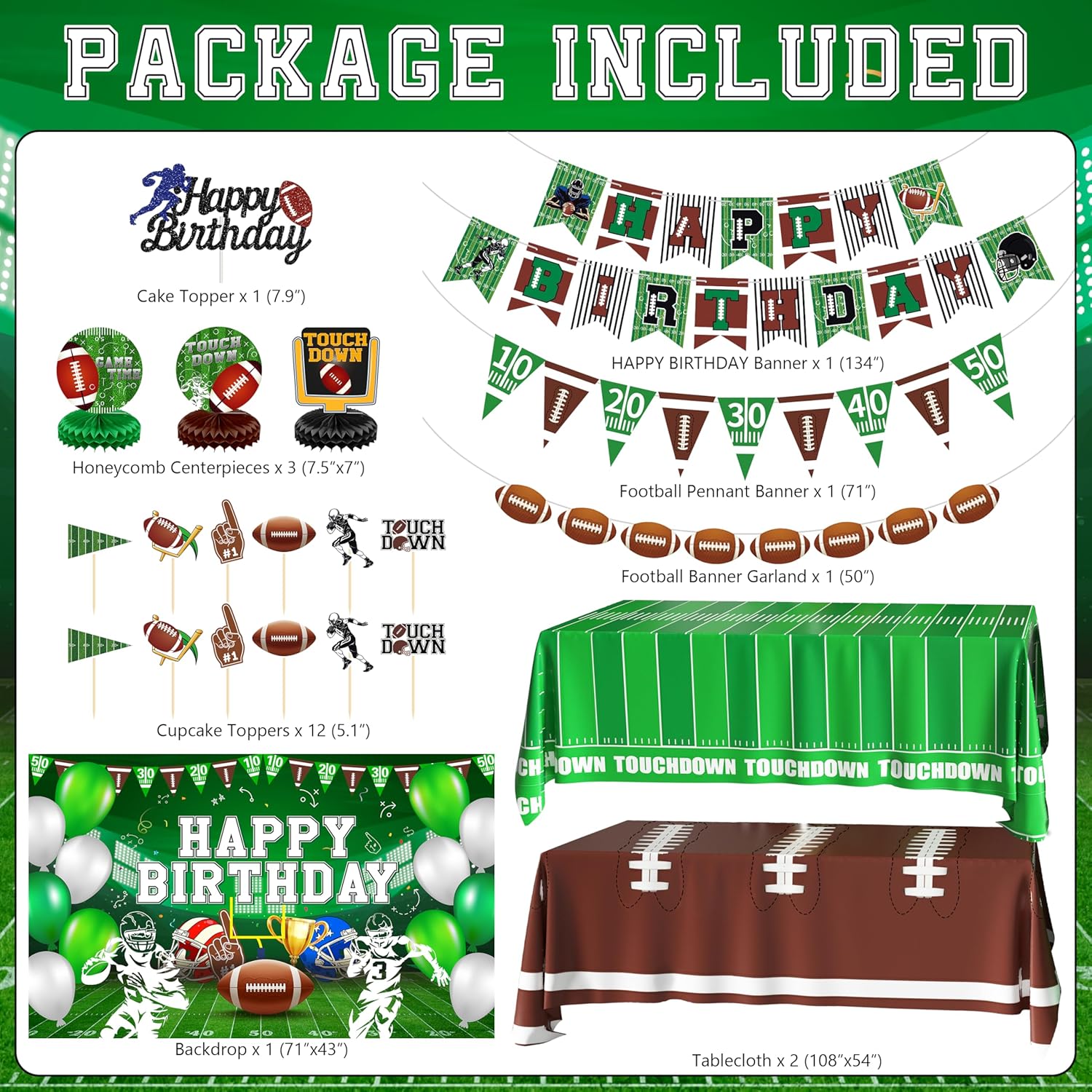 Football Birthday Party Decorations Superbowl Football Party Decoration Supplies Include Balloon Arch Kit Birthday Banner Backdrop Touchdown Tablecloth for Football Game Day Tailgate Party - Image 2