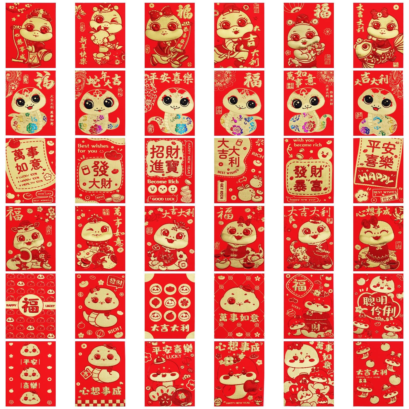 36pcs Red Envelopes Chinese New Year, 2025 Snake Lucky Money Red Packets Hong Bao Lai See Envelopes for Lunar Spring Festival