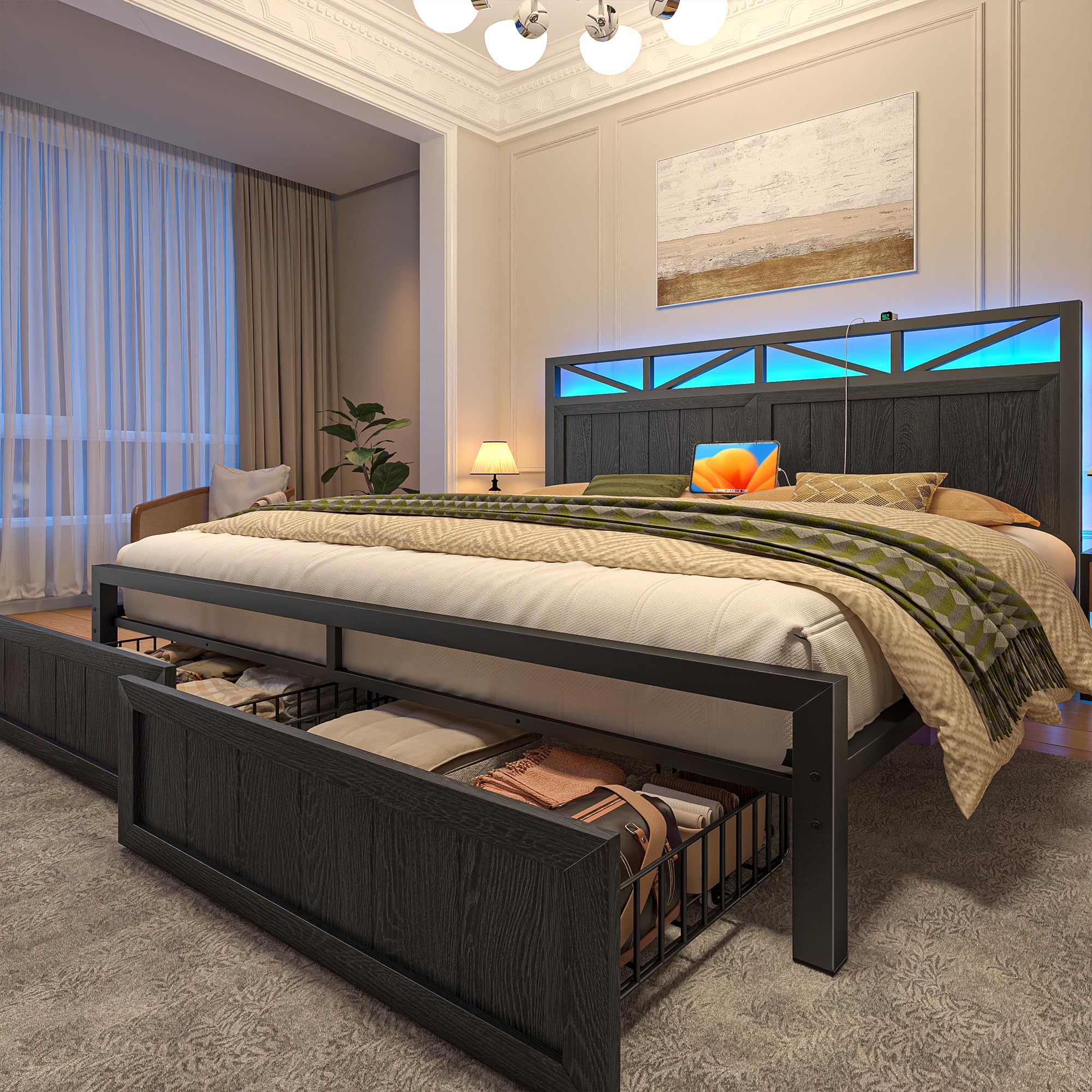 EnHomee King Bed Frame Metal with 2 Storage Drawers, Wooden Headboard with LED Lighting & Charging Station, Bedroom, Apartment, Guest Room, Farmhouse,