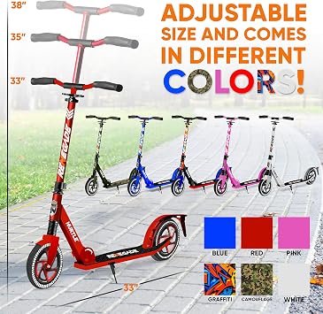 Hurtle Renegade Kick Scooter for Kids, Teenagers & Adults - 2-Wheel Folding Scooter with Adjustable T-Bar Handlebar - Alloy Anti-Slip Deck