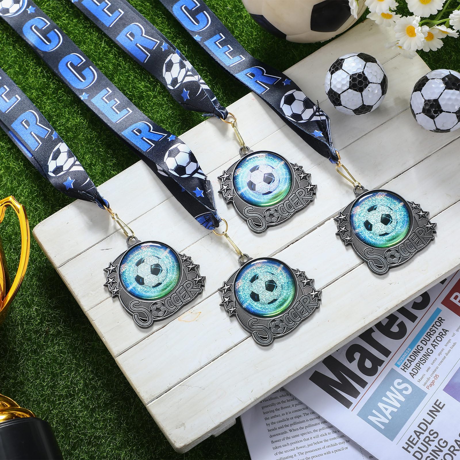 Seenelling Medals Trophy Silver Metal Sport Ball Award Medals with Ribbon for Participation Sports Themed Party Favors
