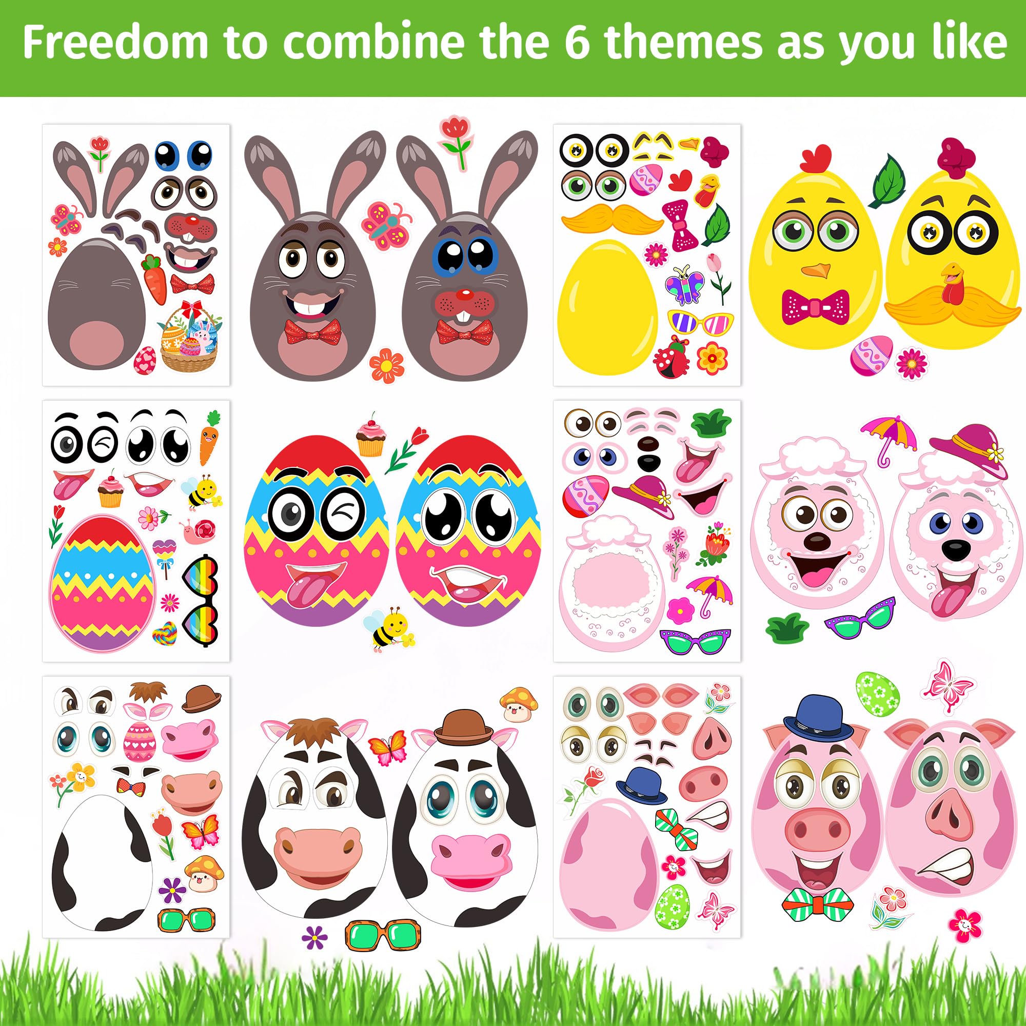 Easter Stickers, Easter Basket Stuffers Gifts, 24 Sheets DIY Happy Easter Make A Face Stickers Crafts with Eggs Themed Game Toys Classroom Activities Party Favor Supplies Decorations