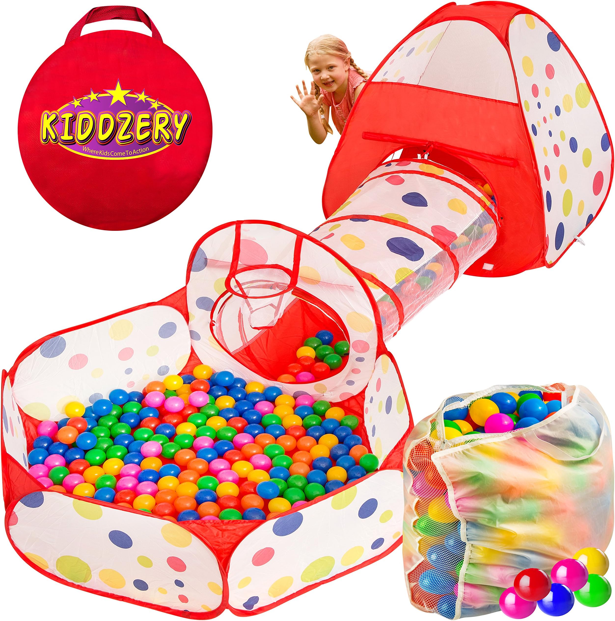 Kiddzery 3pc Ball Pit with Balls, Pop Up Kids Play Tent w/ Crawl Tunnel & Ball Pit, – 200 Crush Proof Balls - Great for Boys & Girls, Toddlers & Babies –W/ Carrying Case for Balls and Ball Pit