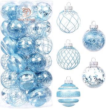 Sea Team Clear Christmas Ball Ornaments with Glitter, 30-Pack, Babyblue