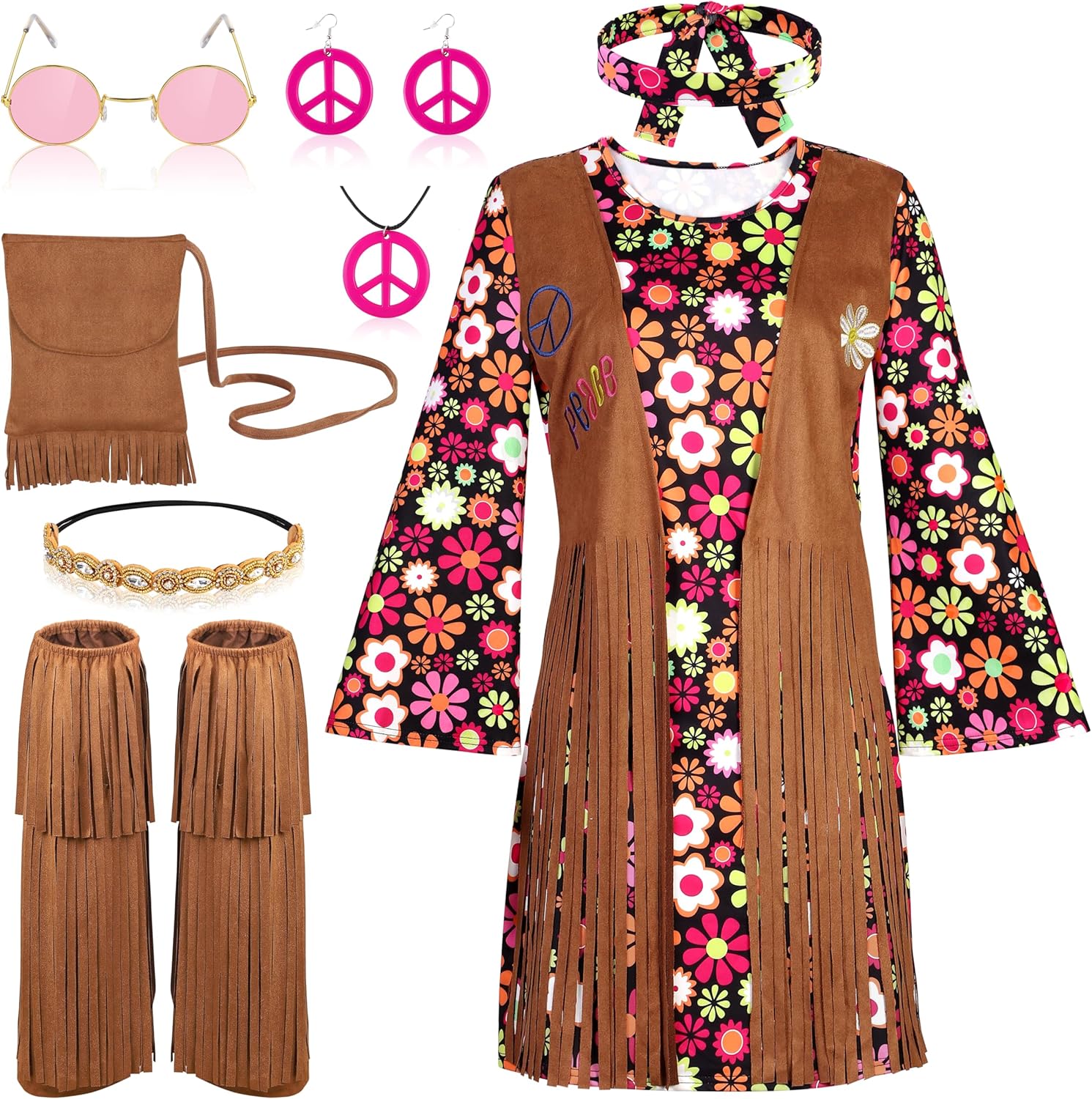 AOTHSO 8 Piece 70s Women Hippie Costume Peace Sign Earring Necklace Headband Dress Leg Sleeves Tassel Bag for Halloween Disco