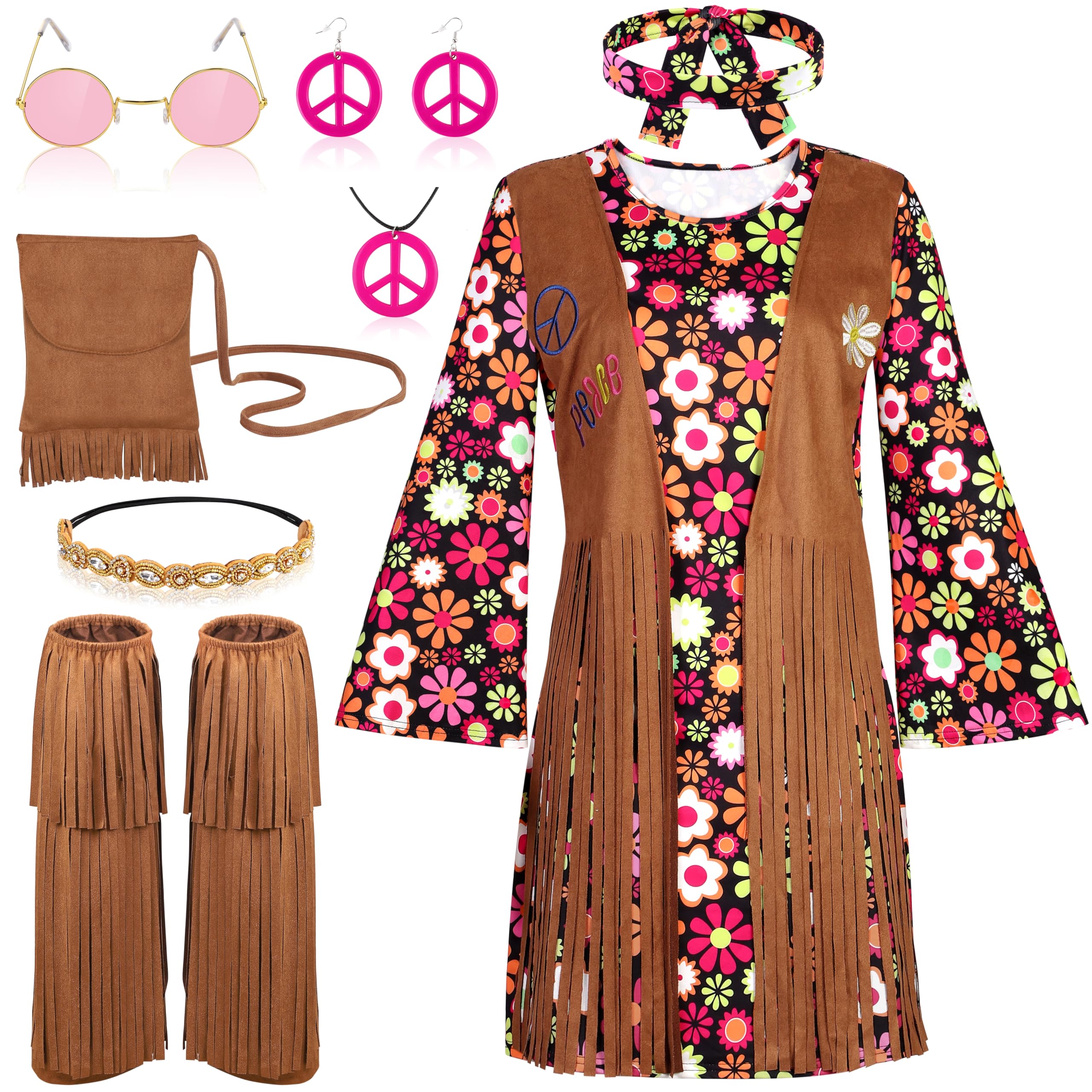 AOTHSO 8 Piece 70s Hippie Costume