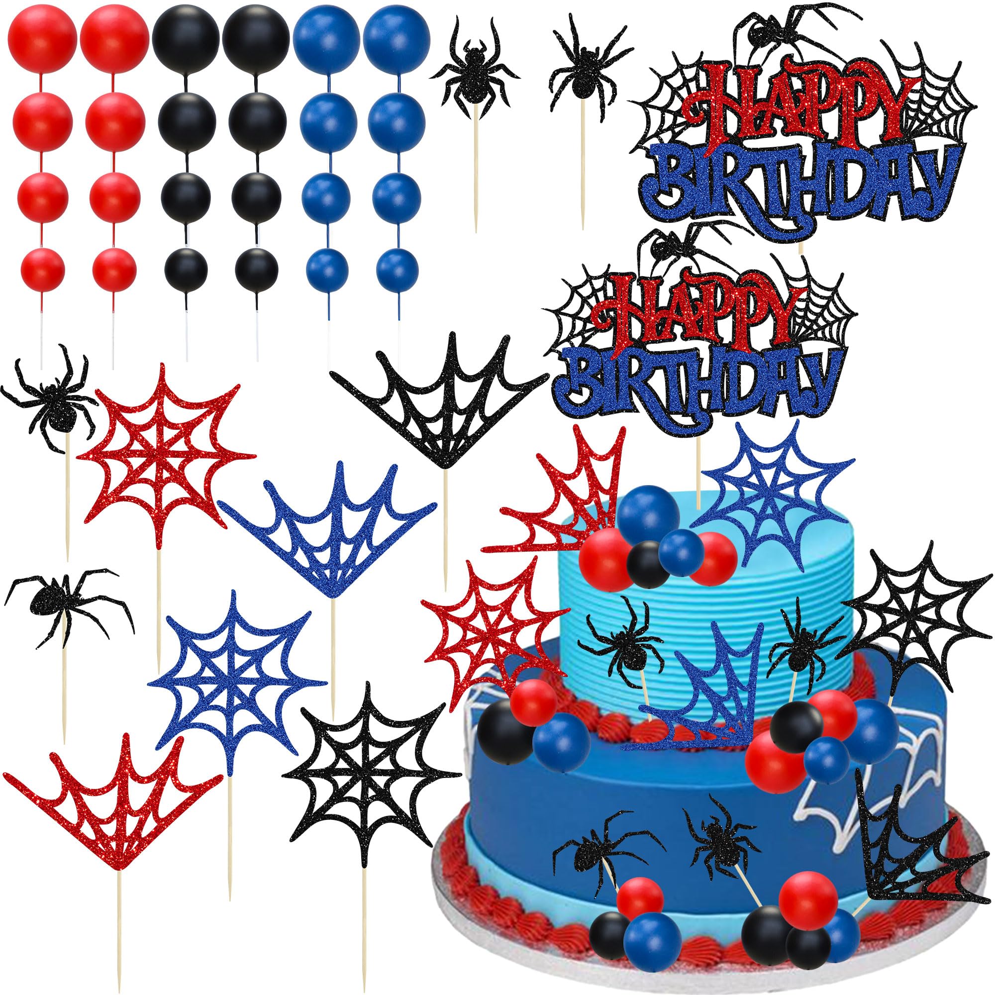 Ephlyn 35 Pack Spider Web Birthday Balls Cake Decorations Black Red Blue Multicolor Balls Cake Toppers for Spider Theme Boys Birthday Party Halloween Cake Decorations Supplies