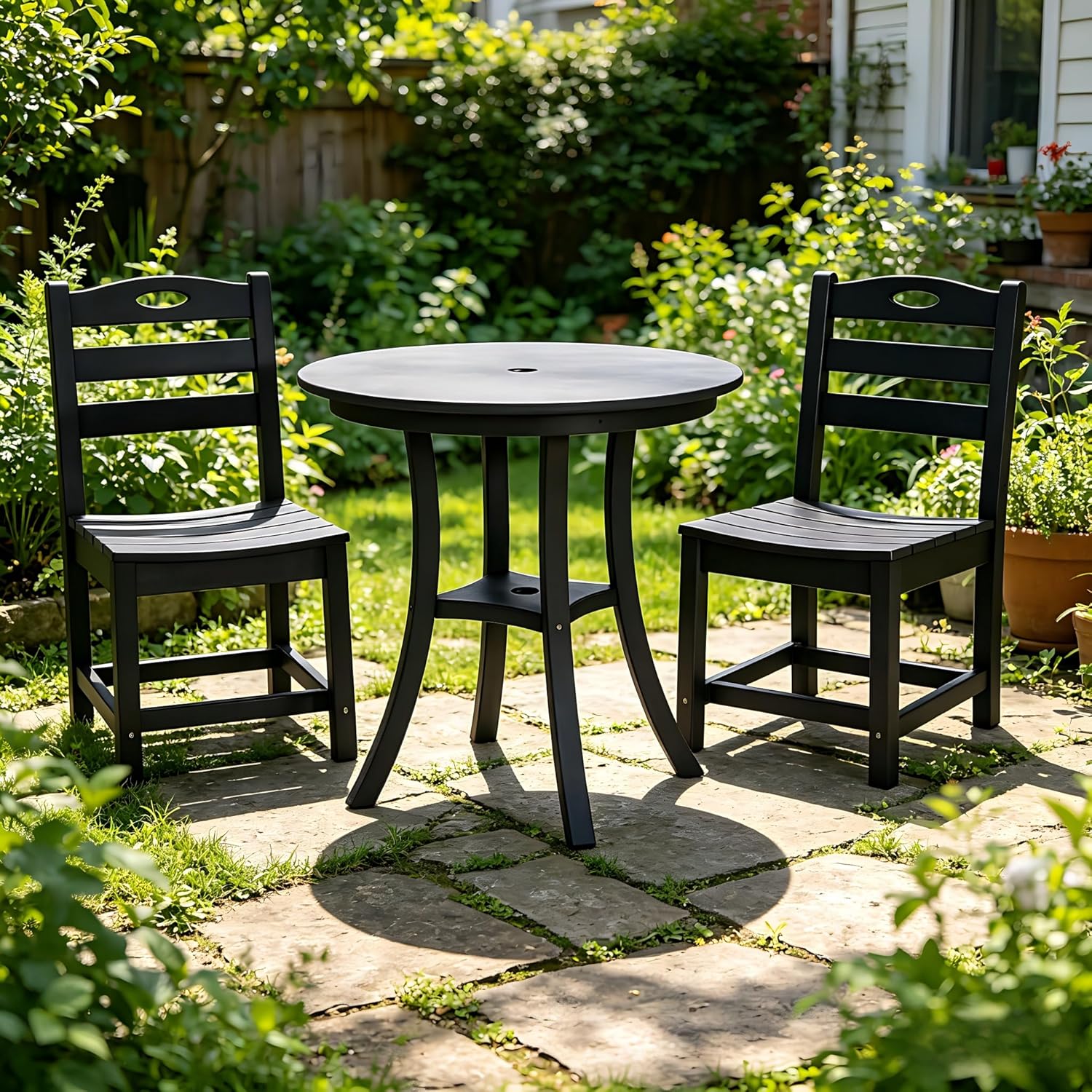 Balcony Adirondack Chairs and Table 3 Pieces Set, Bar Chairs Set of 2 and 29.72"W Round Bar Table Outdoor Bar Stools Set Patio Dining Set Weather Resistant HDPE for Bistro, Poolside, Backyard Black