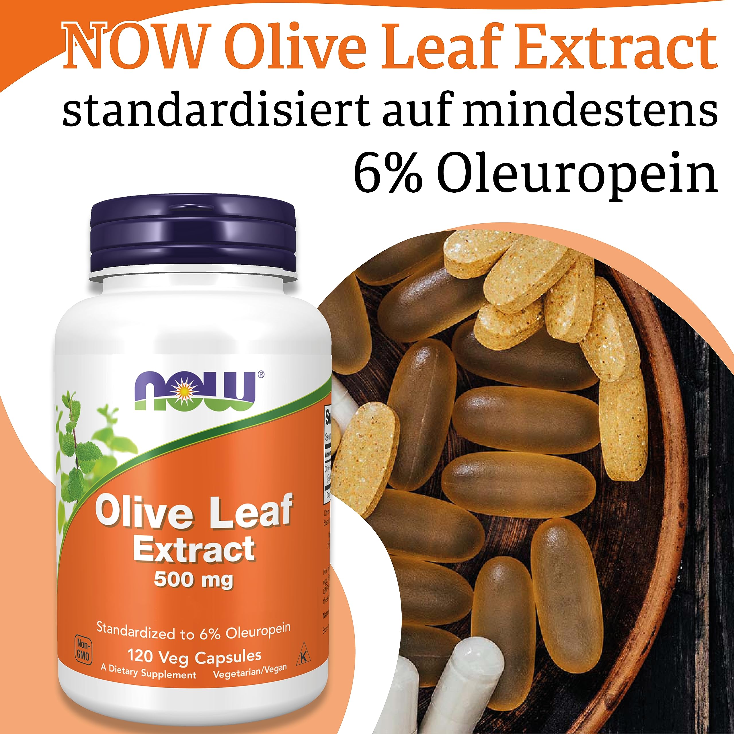 Now Foods Olive Leaf Extract (Olivenblattextrakt), 500mg,Oleuropein, hochdosiert, 120 vegane Kapseln, Laborgeprüft, Sojafrei, Glutenfrei, Vegetarisch, Ohne Gentechnik