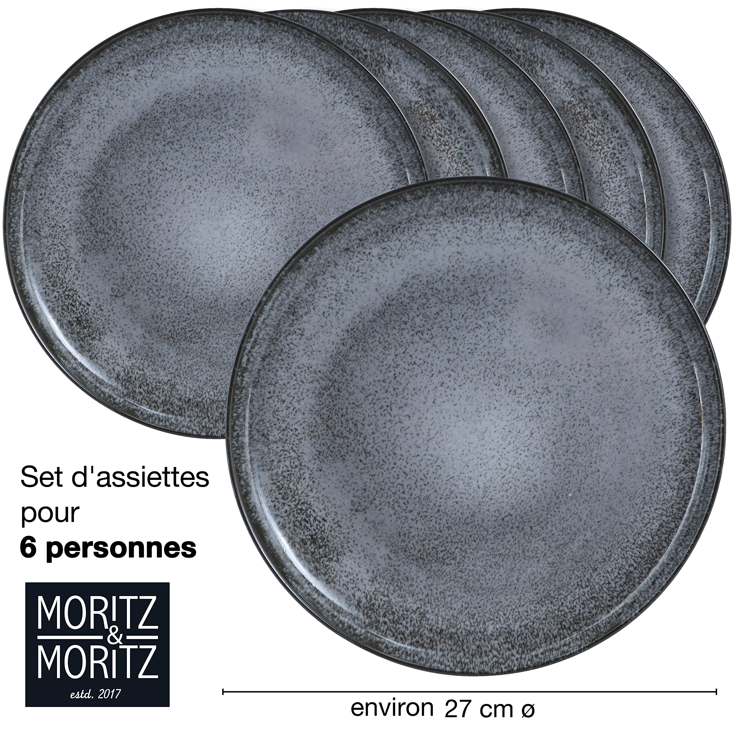 Moritz & Moritz VIDA Lot de 6 assiettes à dîner Anthracite - Assiettes pour 6 personnes - Porcelaine passe au lave-vaisselle et au micro-ondes