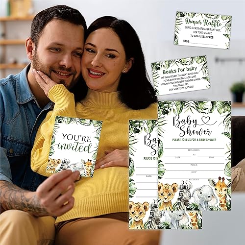 Miniatura 4 de Wild One - Juego de invitaciones para baby shower, tema de animales verdes, 25 invitaciones y sobres, 25 boletos para rifas Dipaer y 25 tarjetas de