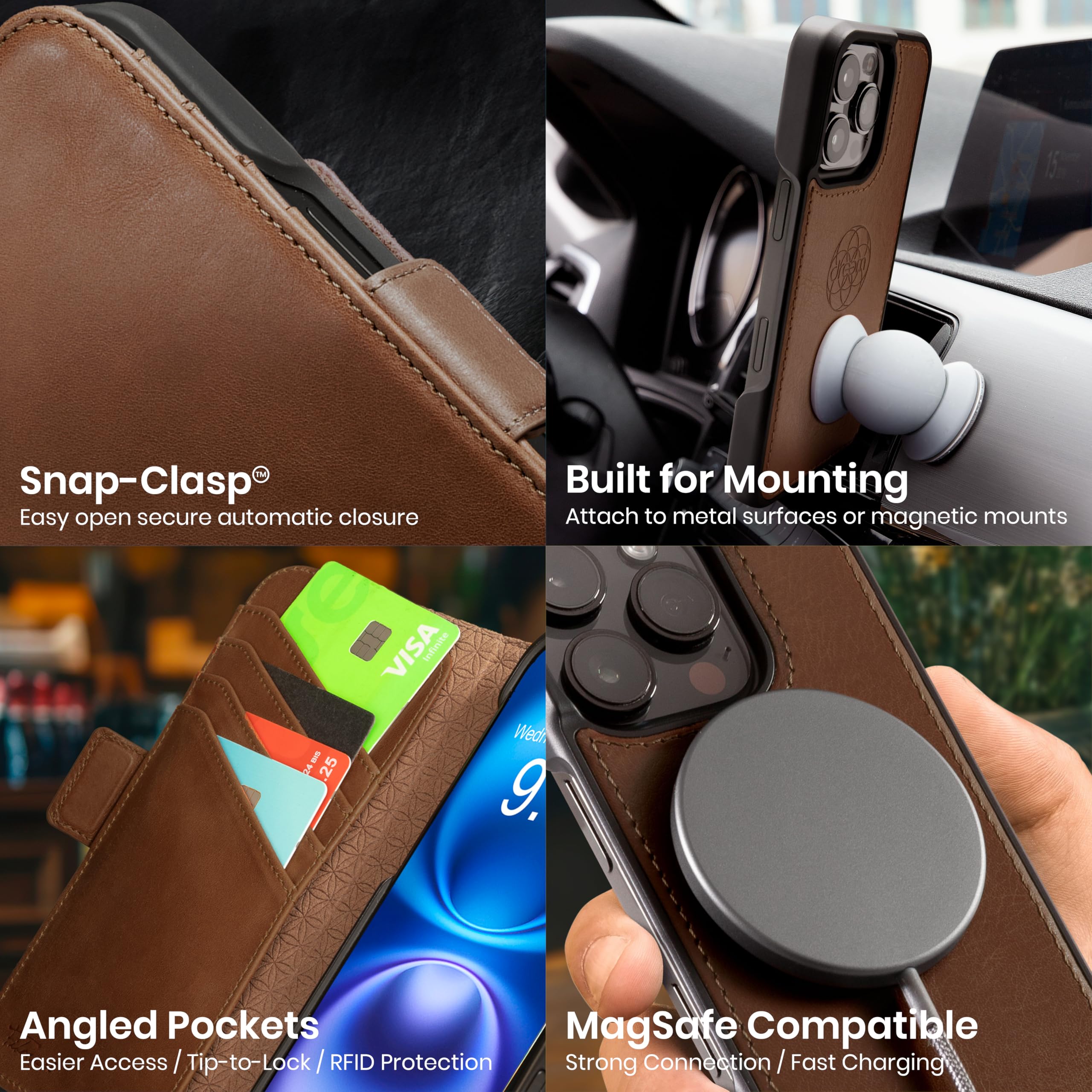 dreem Wallet Case for iPhone 15 Pro Max, Revolutionary Vert/Hor Phone Stand, Magnetic Detachable Vegan Leather Flip Cover RFID Blocking Card Holder, MagSafe-Fit, Gift Box [Fibonacci: Chocolate] - 5
