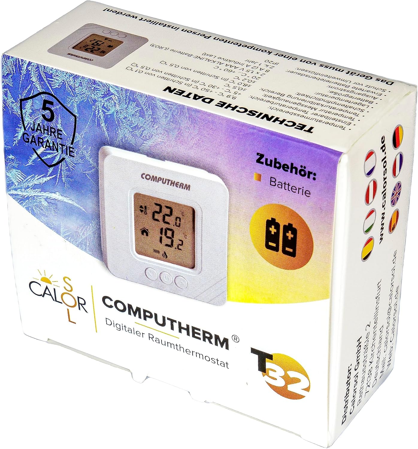 COMPUTHERM T-32 product packaging showing 5-year warranty and technical data
