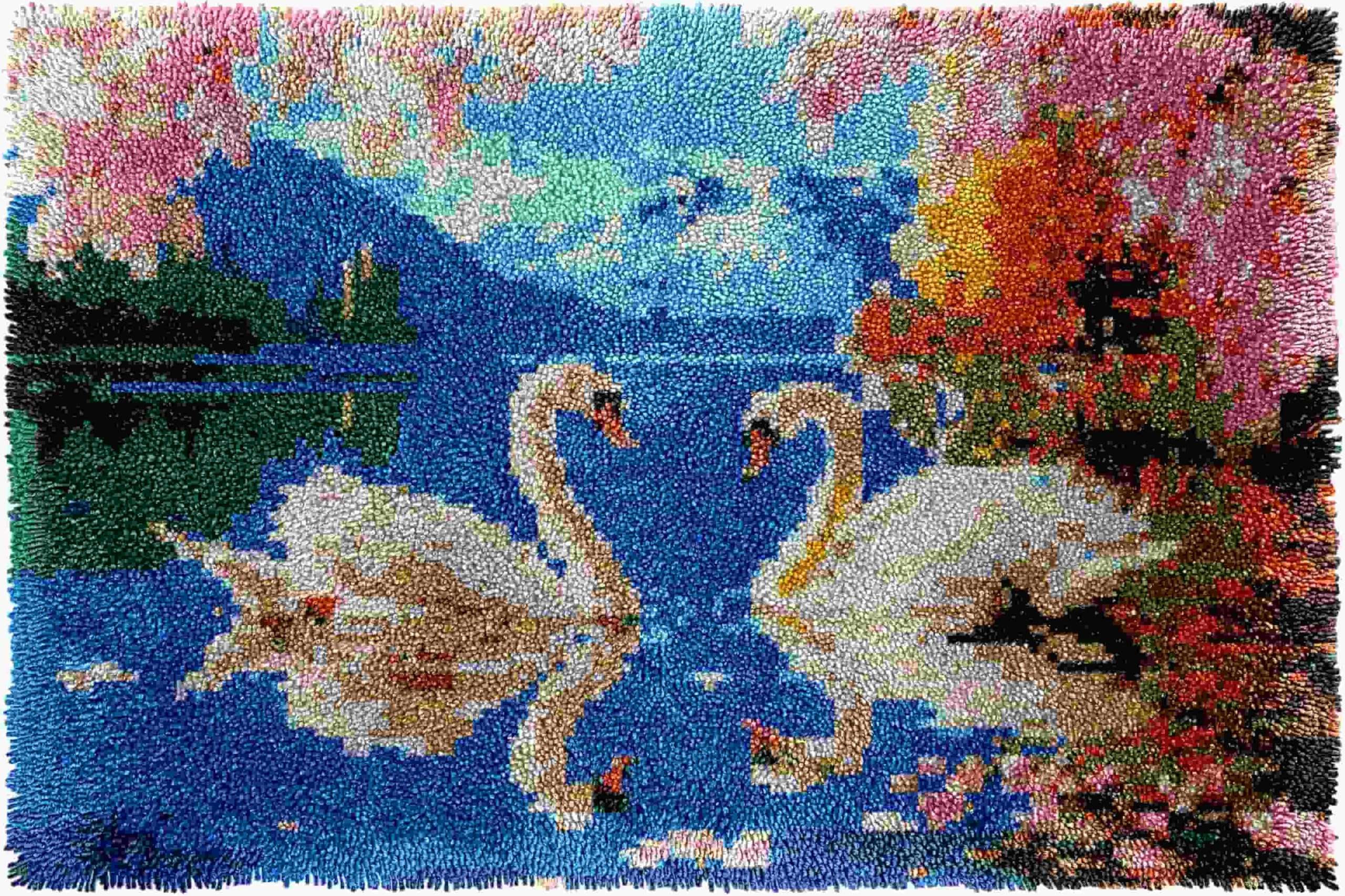 FWRTYCB Latch Hook Kit for Adults and Beginners -Swan DIY Tapestry Rug Making with Printed Patterns,20X15Inch Canvas Yarn for Home Décor