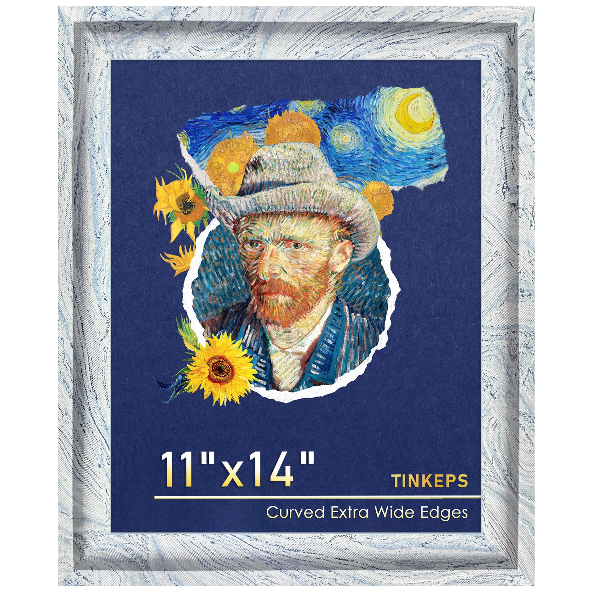 11x14 Picture Frame in Blue, White, and Black Mixed Texture. Modern Art Style Curved Wide Edges, Engineered Wood Photo Frame 11 x 14 inches for Table or Wall Decor.