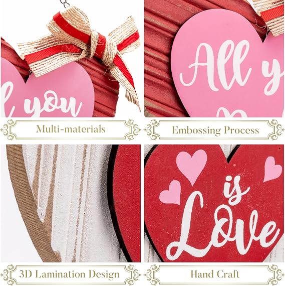 Valery Madelyn Valentines Day Decorations, Valentines Wall Decor, Heart Decor, Wooden Wreath for Front Door, Romantic Decorations for Home Galentines Day Proposal Wedding Anniversary, 18 inch