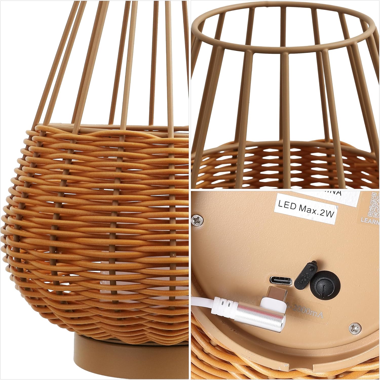 JONATHAN Y 10" Light Brown/Brown Modern Faux Wicker Rechargeable Table Lamp Set of 2, Cordless Dimmable Integrated LED Lantern for Outdoor Patio, White Plastic Shade (JYL7154B-SET2)