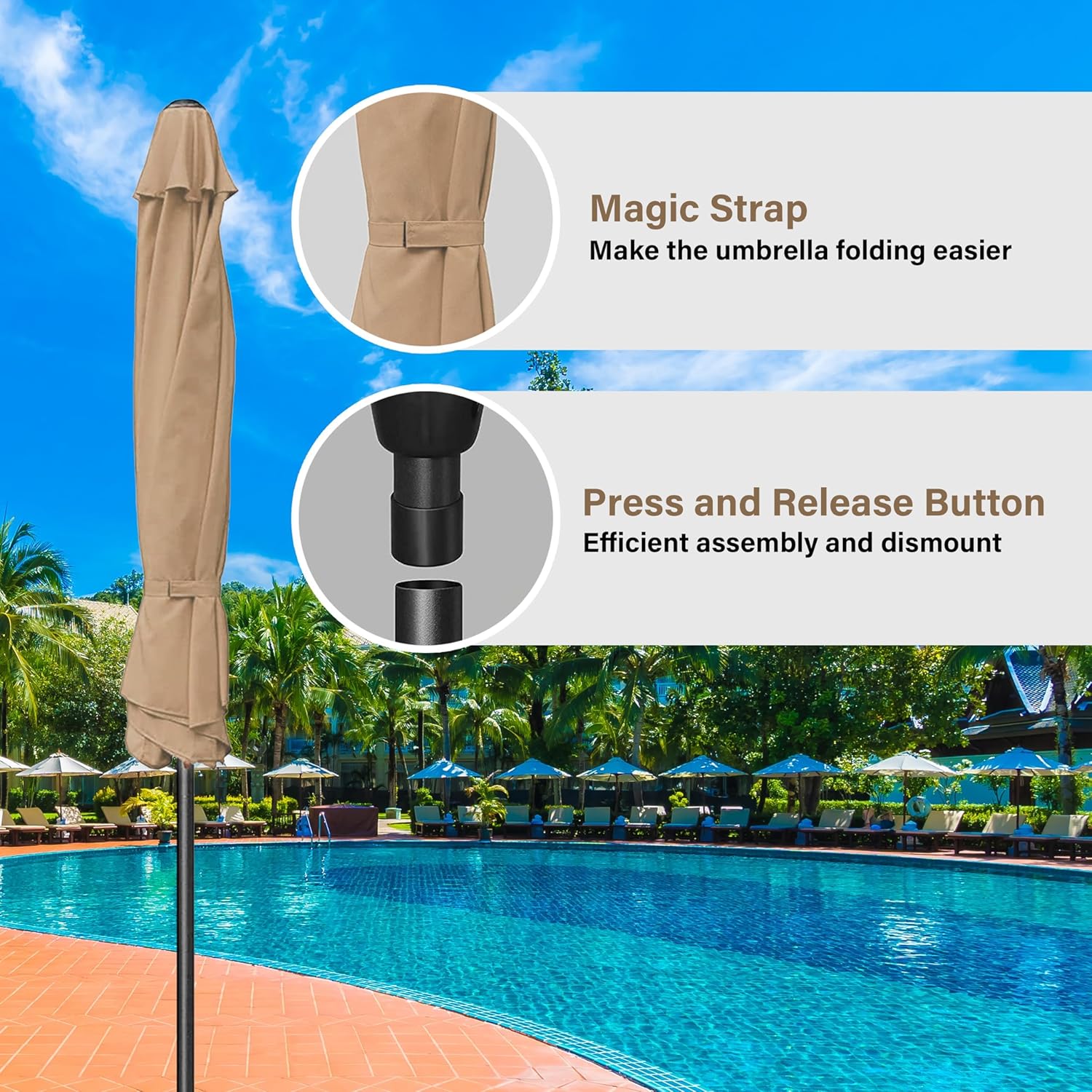 HealSmart 9' Outdoor Patio Umbrella, Market Table Umbrella with 8 Sturdy Ribs, Push Button Tilt and Crank for Garden, Yard, Pool, Tan