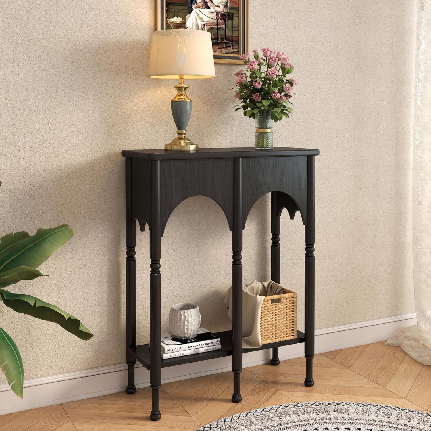 Console Table with Storage Shelf, 28" Small Entryway Table with Roman-Style Legs, Wooden Sofa Table Retro 2-Tier for Living Room, Hallway, Black
